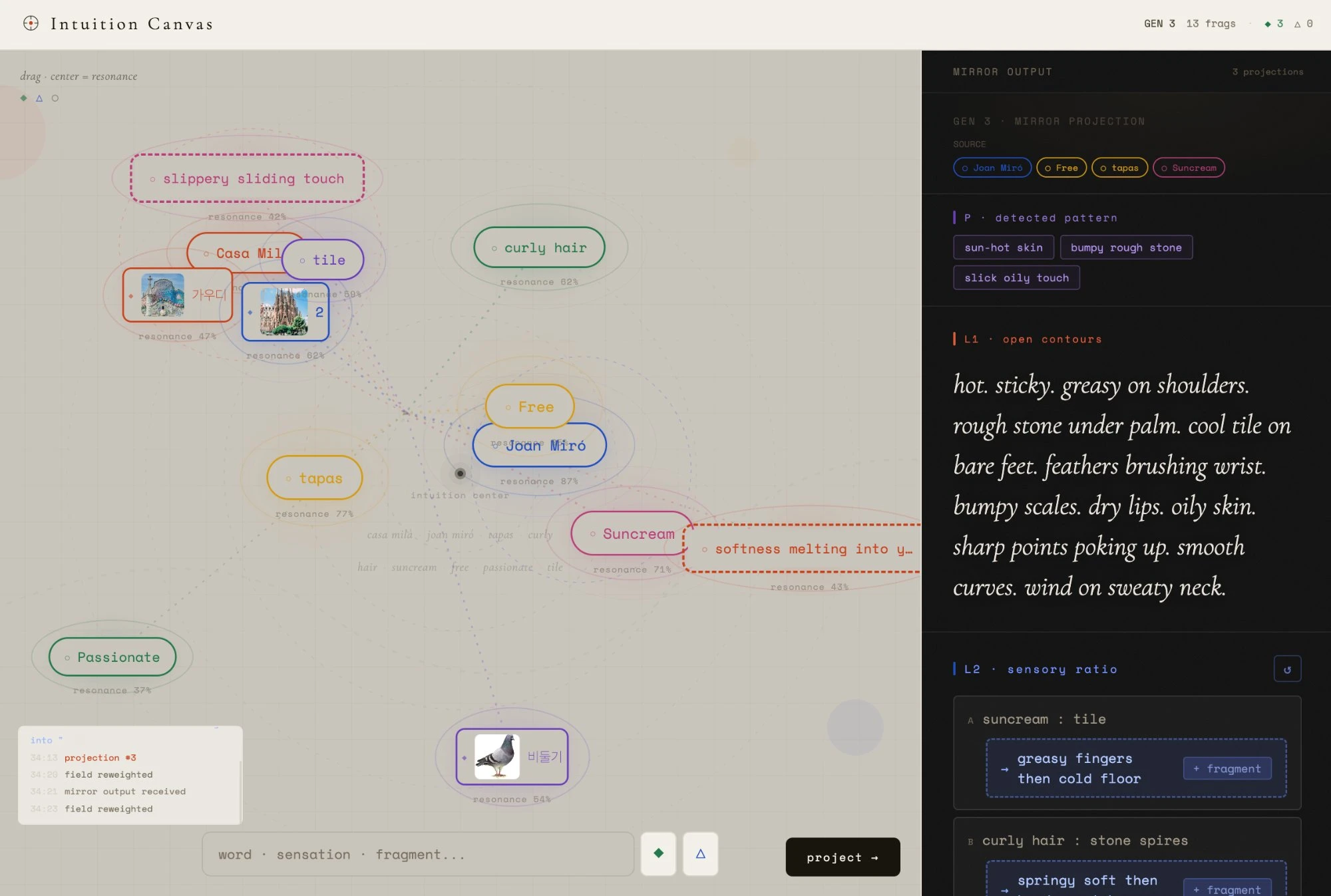 An earlier build of Intuition Canvas (v3.2): a light canvas with colored fragments and a dark MIRROR OUTPUT panel reading 'hot. sticky. greasy on shoulders. rough stone under palm...'.