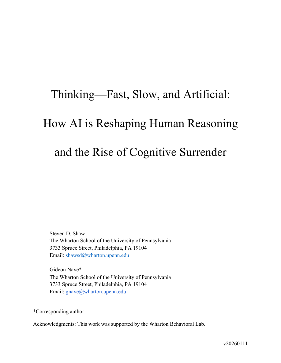 Thumbnail of Shaw & Nave (2026) paper: Thinking—Fast, Slow, and Artificial, on cognitive surrender in human–AI interaction